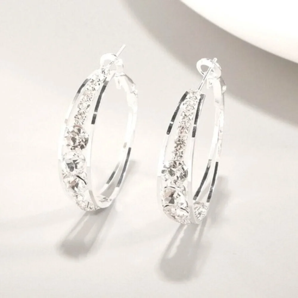 New 925 Silver Sim. Diamond Wide Hoop Earrings